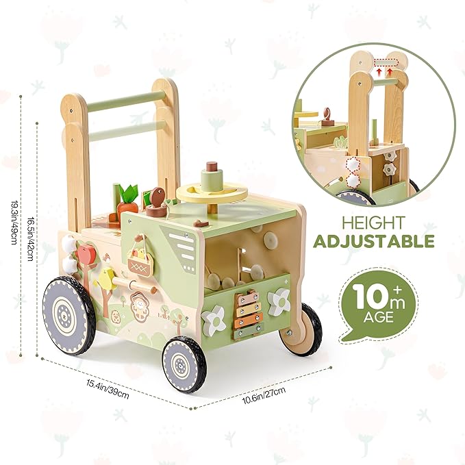 ROBUD Wooden Baby Walker, Baby Push Walker for 10+ Months, Montessori Push Toy, Adjustable Speed & Height Learning Toy with Activity Panel (Rustic Farm Adventure Theme)