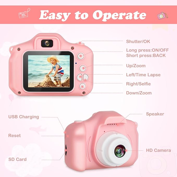 Kids Camera, HD Digital Video Camera,Childrens Toys for 3 4 5 6 7 8 9 Year Old Boys/Girls, Selfie Camera for Kids, Christmas Birthday Gifts with 32GB SD Card(Pink)