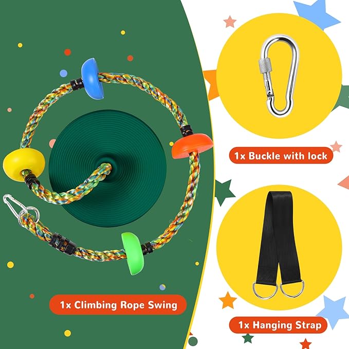 Tree Swing Climbing Rainbow Rope, Heavy Duty Swing Disc Seat Replacement for Kids with Hanging Strap and Platform Carabiners Indoor/Outdoor Playground Accessories (Green)