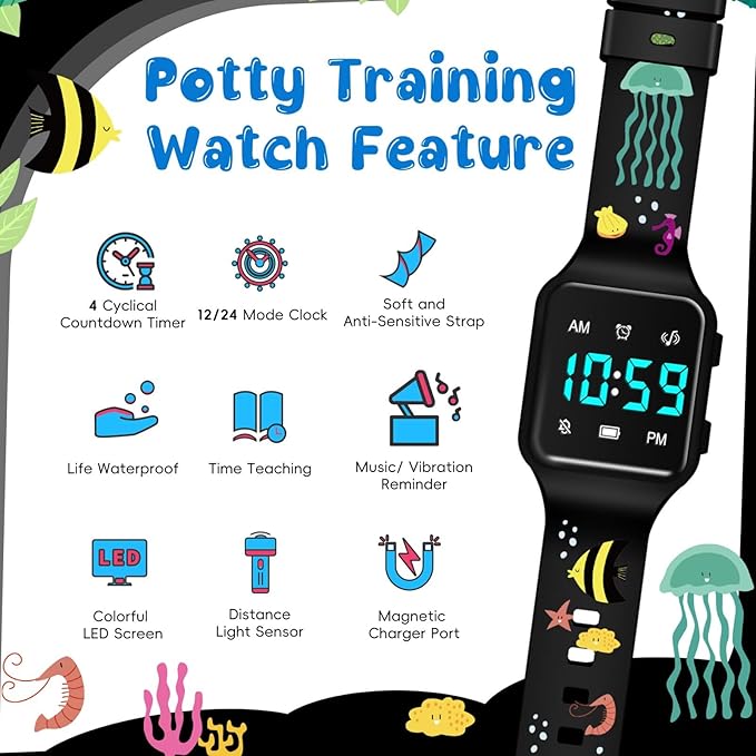 Potty Training Watch for Toddlers with Countdown, Magnetic Charging, Flashing Lights, Fun Music or Vibration Alerts - Waterproof Interactive Toilet Training Reminder for Boys & Girls Ages 2-9