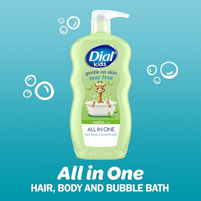 Dial Kids All-in-1 Body Wash + Hair + Bubble Bath, Melon Scent, 24 Fl Oz, Pack of 4, Hypoallergenic Body Wash & Shampoo, No Tears Formula for Kids 2+ Years, No Parabens & Silicones