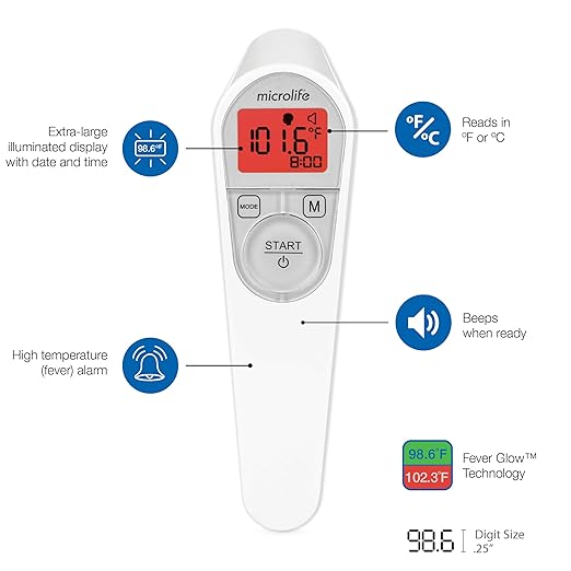 Microlife Non-Contact Forehead Thermometer, Digital Infrared No-Touch Thermometer (for Adults, Kids & Baby), Large Backlit LCD Screen, Fever Alarm, Memories & Instant Accurate Readings