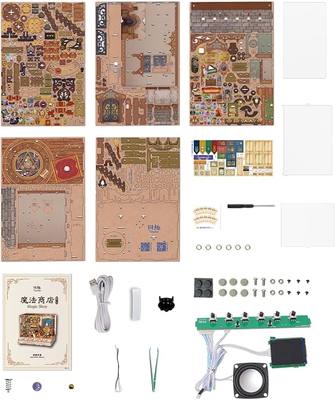 Tonecheer DIY Miniature House Kit, Wooden Dollhouse Kit with White Noise,Tiny Diorama House Building Set with Electronic Screen Craft Kits Make for Aduls (Magic Shop)