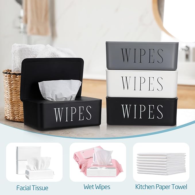 3 Pack Baby Wipes Dispenser Holder Wipe Container for Bathroom with Lid Toilet Tissue Paper Storage Refillable Box for Home Office Cars(Small,Black, White, Gray)