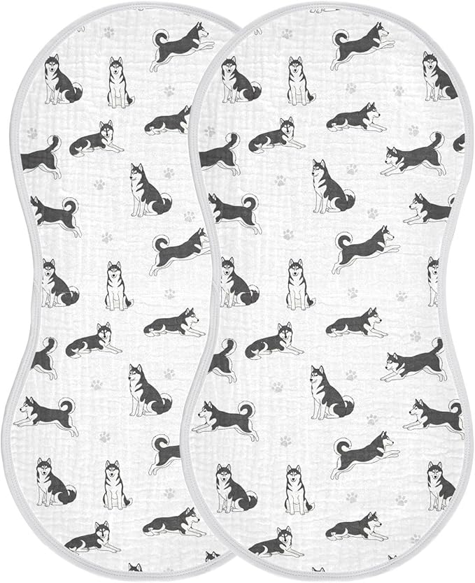 2 Pack Muslin Burp Cloths Husky Dogs White Cotton Baby Burp Cloths Extra Absorbent and Soft Thick Burping Cloth for Newborn Babies Boys Girls 22x11 Inch
