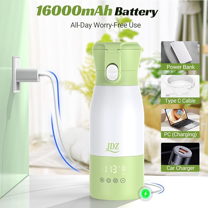 JDZ Portable Bottle Warmer, 17oz Capacity Baby Bottle Warmer with Timer & Temperature Control, 16000mAh Battery Fast Heating Milk Warmer for Breast Milk Water and Formula