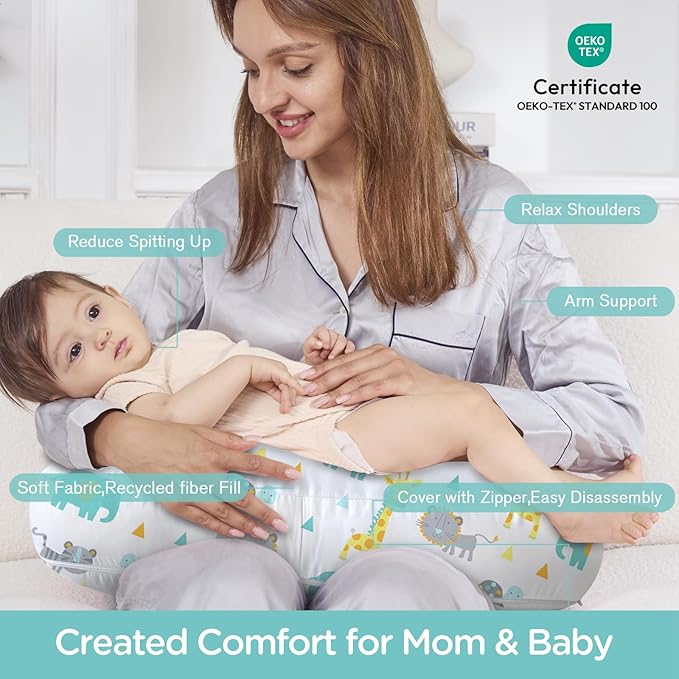 Little Grape Land Nursing Pillow,Upgraded Breast Feeding Pillow for Mom,Breastfeeding & Bottle Feeding for 0–19 Months, Soft Machine Washable Cover with Firm Breathable Filling, Tummy Time,Animals