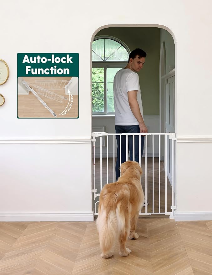 Babelio Easy to Remove & No Bottom Bar Baby Gate, 29-43" Hardware Mounted (Drill Needed)| Wide Walk-Thru| Auto-Close Safety Dog/Pet Gate for Stairs & Doorways (White, 29-43" W, 30" H)