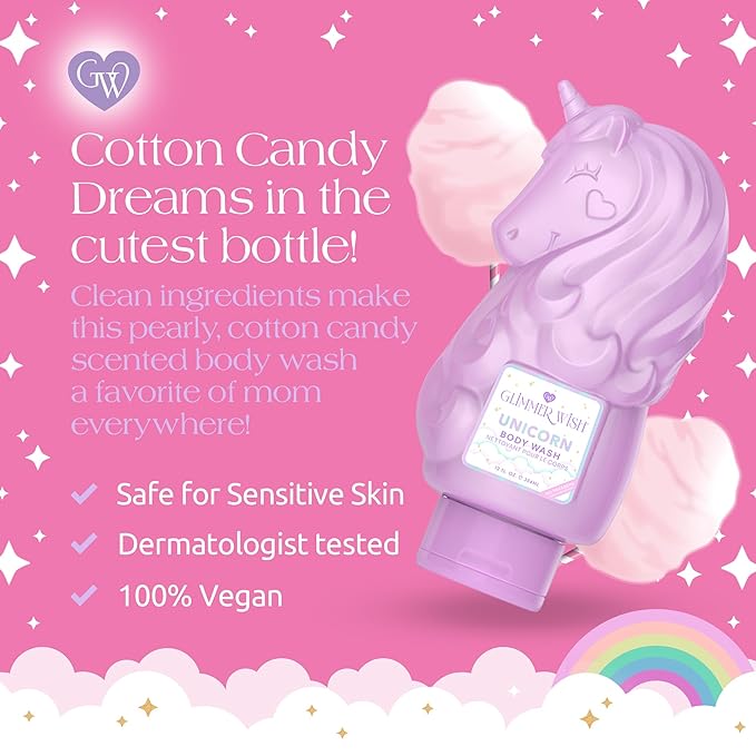 Glimmer Wish Unicorn Kids Body Wash, Gentle Cleanser and Moisturizing Sulfate Free Body Wash, Skin Care for Kids, Vanilla Cotton Candy, 12 Fl Oz