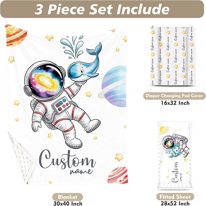 Personalized Baby Crib Bedding Set – Fun Space Theme Nursery Bedding Sets 3 Piece with Custom Name Blanket, Fitted Crib Sheet & Changing Pad Cover – Ideal Newborn Gift for Boys Girls