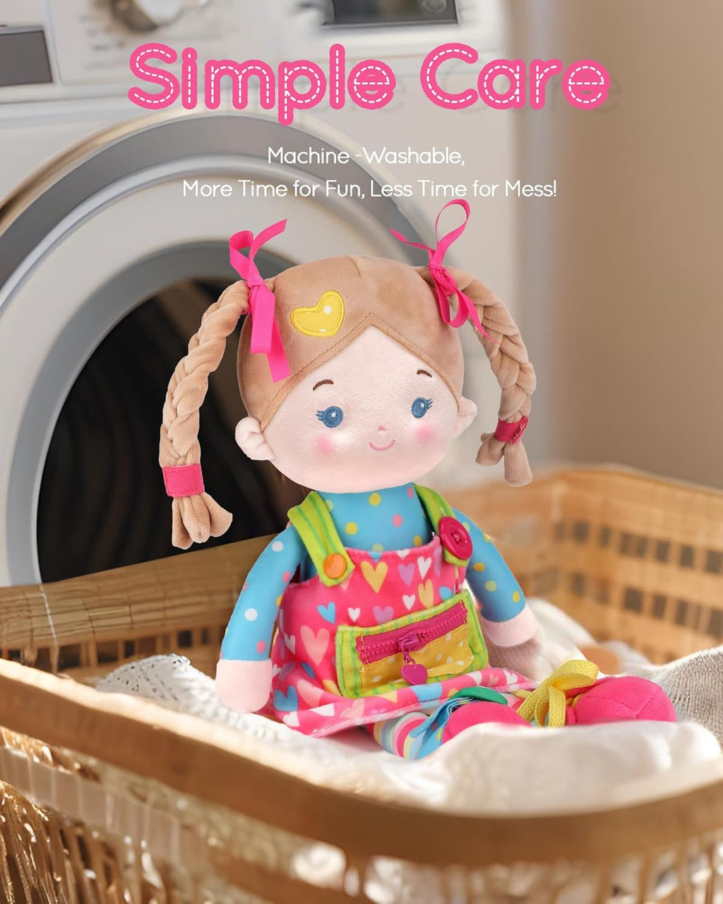 Educational Soft Baby Doll(16''), Learning Sensory Doll for Toddlers, Montessori Toys for 2-Year-Old Girls Christmas, Birthday Gifts, Plush Doll with Zipper, Shoelace, Button-Busy Sweetheart