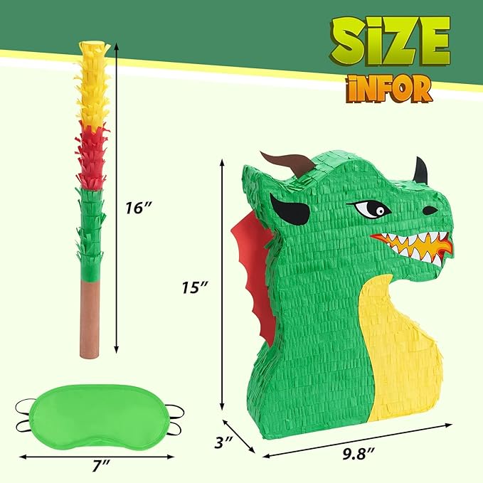 WERNNSAI Dragon Piñata - Dinosaur Party Supplies Dino Piñata Bundle with Blindfold and Stick for Boys Kids Dragon Theme Birthday Party Game Decorations (15.5" x 10" x 3")