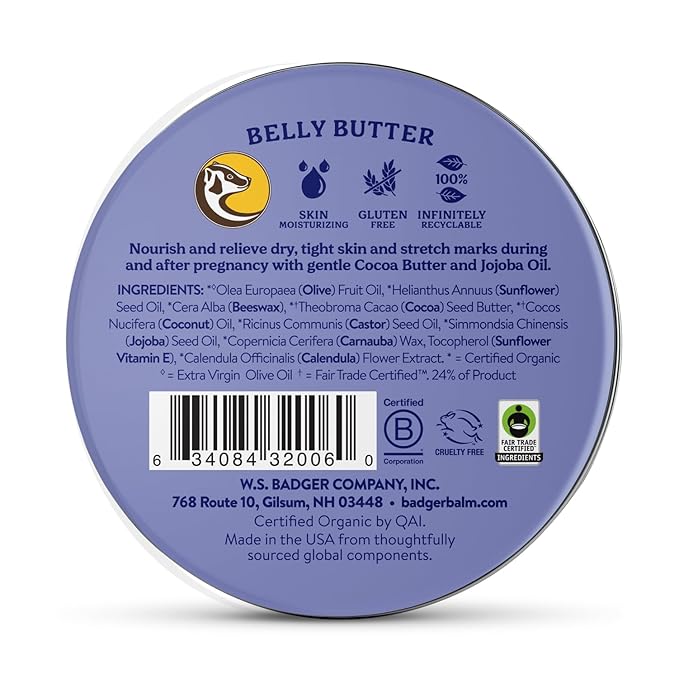 Badger Belly Butter, Organic Stretch Mark Cream for Pregnant Belly, Rich Hypoallergenic Moisturizing Organic Cocoa Butter & Coconut Body Butter for Women, 2 oz Tin, 2-Pack
