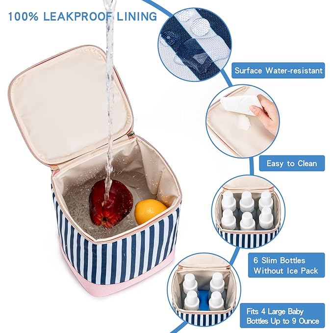 Breastmilk Cooler Bag with Ice Pack Fits 4 Baby Bottles Up to 9 Ounce, Baby Bottle Cooler Bag Suitable for Nursing Mom Daycare, Straps