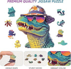 Cool Wooden Puzzle for Adults 500 Piece, Glasses Crocodile Wooden Jigsaw Puzzles, Beautiful Wooden Puzzle with Box Birthday Gifts for Adults and Kids Family Game(16 * 17.6in)