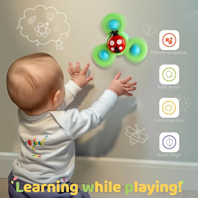 ALASOU 3PCS Suction Cup Spinner Toys for 1 Year Old Boy Girl|Spinning Top Infant Sensory Toys for Toddlers|1 2 Year Old Boy Christmas Birthday Gift|Baby Bath Toy Stocking Stuffers for Kids Ages 1-3