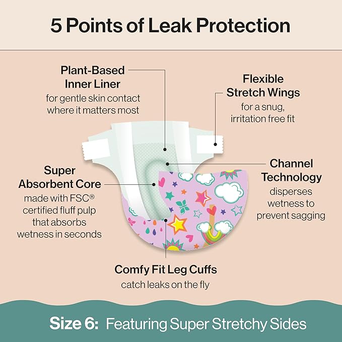 The Honest Company Clean Conscious Diapers for Delicate Skin | Up to 100% Leakproof | Hypoallergenic, Fragrance Free | Girl Prints | Super Club Box, Size 6 (35+ lbs), 68 Count (Prints May Vary)