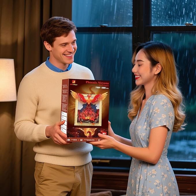 JMBricklayer Phoenix Nirvana Building Block Sets for Adults with LED Lights, Wall Art Crafts Painting Frame Building Set Magic Fire Phoenix Collection Model Bird Toy Gift Room Home Office Decor