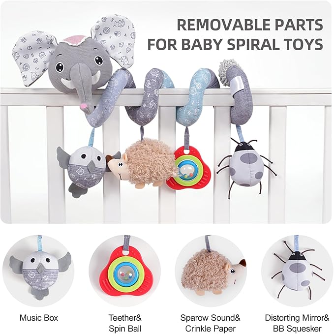 Koty Car Seat Toys, Infant Baby Spiral Plush Activity Hanging Toy for Stroller Bar Pram Crib with Music Box BB Squeaker & Rattles(Grey Elephant)