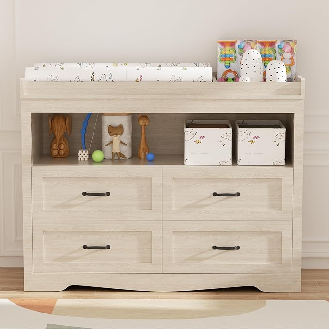 Nursery Dresser Changing Table 4 Drawers Dressers with Changing Table Top Baby Dresser Chest with Open Storage Changing Station with LED Light Diaper Changing Station Nursery Organizer,Beige