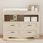 Nursery Dresser Changing Table 4 Drawers Dressers with Changing Table Top Baby Dresser Chest with Open Storage Changing Station with LED Light Diaper Changing Station Nursery Organizer,Beige