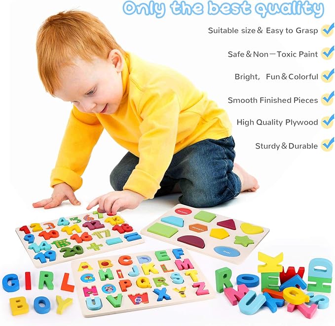 Wooden Puzzles for Toddlers, Kesletney Wooden Alphabet Number Shape Learning Puzzles for Kids, 3 in 1 Montessori Preschool Educational Toys for Boys Girls Ages 3 4 5 Years Old