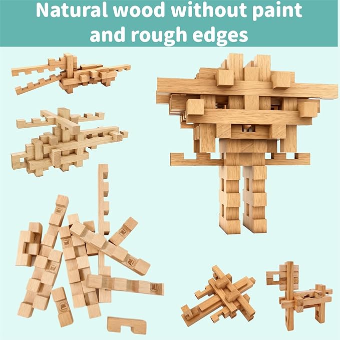 STEM Wooden Building Blocks -Mortise and Tenon Assembled into 15+ Shapes, Educational Toys Gift for Kids and Classroom,DIY Building Toys for Ages 5+ and Adults (15 in 1)