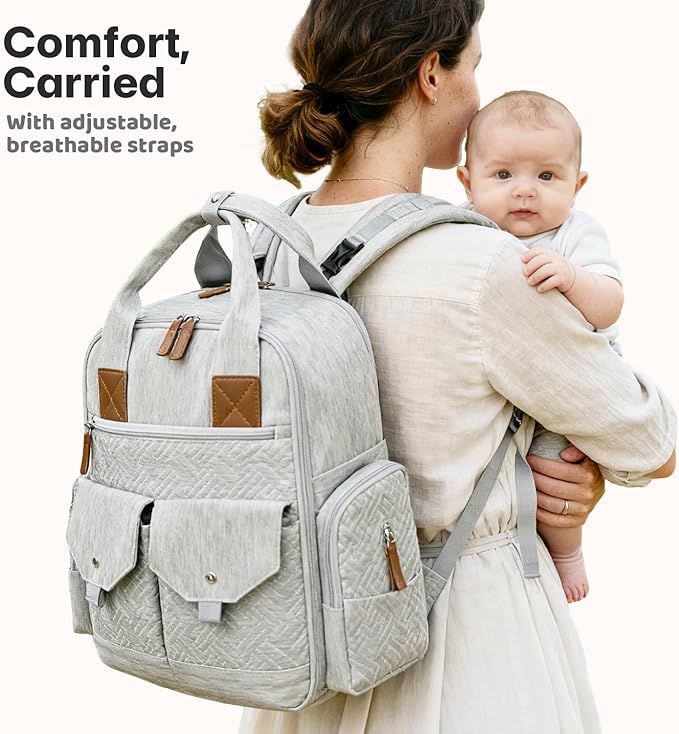Diaper Bag Backpack - Large Diaper Bag with Portable Changing Pad as Baby Shower Gifts, Lightweight Waterproof Unisex Travel Baby Bag with 4 Insulated Pockets and Stroller Buckles, Light Grey