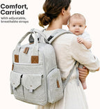 Diaper Bag Backpack - Large Diaper Bag with Portable Changing Pad as Baby Shower Gifts, Lightweight Waterproof Unisex Travel Baby Bag with 4 Insulated Pockets and Stroller Buckles, Light Grey