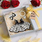 ‌Elegant White-and-Black Dress for 15cm/17cm Dolls - Strap Gown with Heart Pearl Necklace & Bow Headband/Fashion Doll Clothes Set, Accessories for Girl Doll/Perfect for Collectors, Gifts