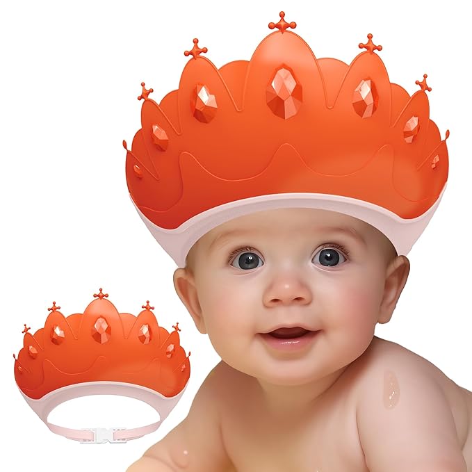 Baby Shower Cap Shield, Baby bath set shower cap, Visor Hat for Eye and Ear Protection for 0-9 Years Old Children,Cute Crown Shape Makes the Baby Bath More Fun (Red)