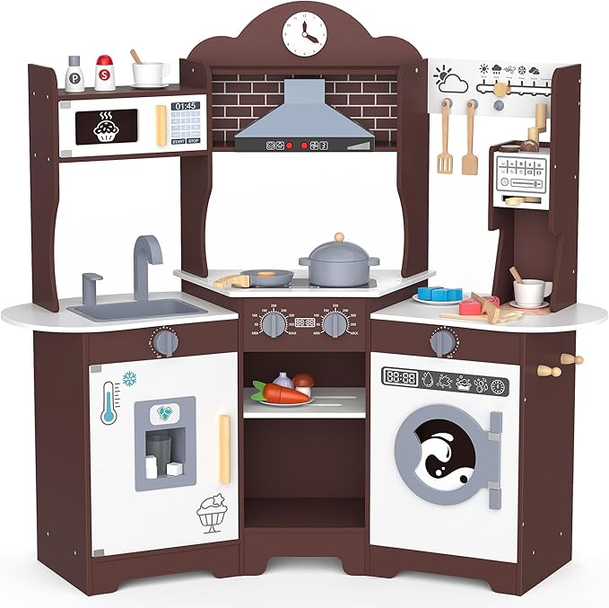 ANPABO Play Kitchen for Kids, Wooden Kitchen Playset w/Real Lights & Sounds, Coffee & Ice Maker, Microwave, Stove, 30Pcs Accessories Include Play Food, Pretend Play Set for Boys & Girls, Espresso