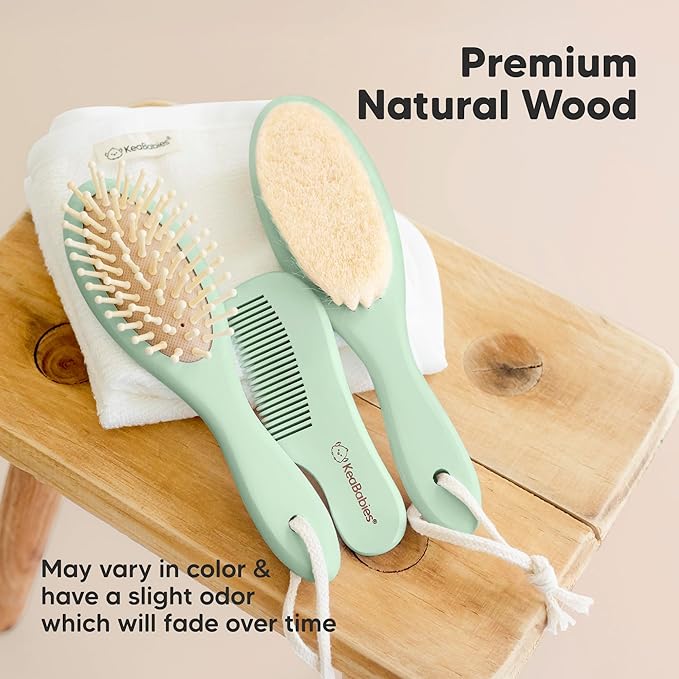 Baby Hair Brush and Comb Set for Newborn - Wooden Baby Hair Brush Set with Soft Goat Bristle, Baby Brush Set for Newborns, Baby Brush and Comb Set Girl, Boy, Toddler Cradle Cap Brush (Oval, Sage)