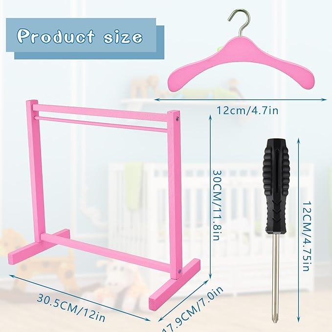 Civaner 11 Pcs Doll Garment Rack with Wooden Clothes Hanger for 18 Inch Girl Doll Clothes Mini Hangers Wardrobe Furniture Accessories for Dollhouse Baby Shower Supplies (Pink)