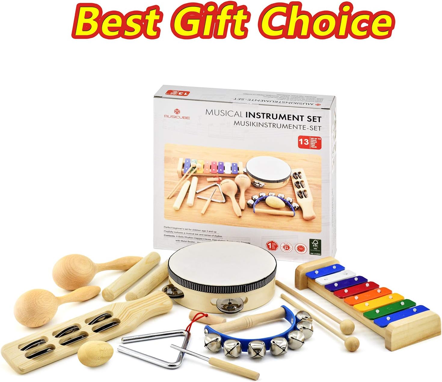 MUSICUBE Musical Instrument Set for Toddler Baby Kid Wooden Percussion Instrument Musical Toys Xylophone Maracas Egg Shaker Tambourine Triangle Instrument for Boys Girls Aged 3+ Choice