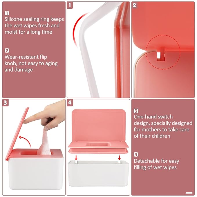 Diaper Wipes Dispenser Wipes Holder, Wipes Tissue Case Keeps Wipes Fresh Tissue Wipes Container with Lid (Pink)
