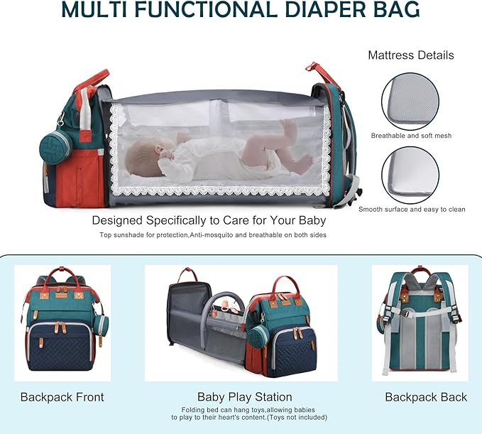 Diaper Bag Backpack, Multifunction Waterproof Diaper Bag for Baby, with Diaper Changing Station, Newborn Essentials Must Haves, Baby Portable Bag, Unisex, RGB