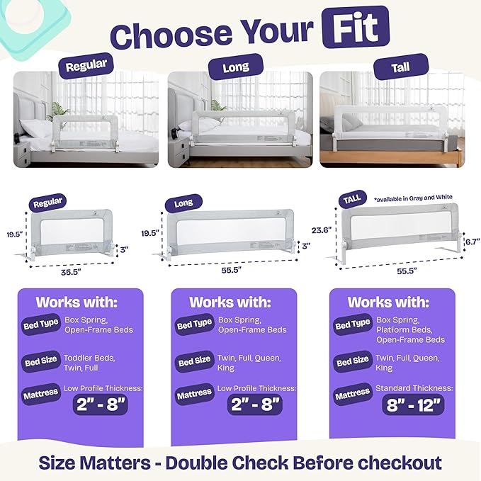 ComfyBumpy 1-Pack Bed Rail for Toddlers 35.5" L x 19.5" H | Toddler Bed Rails for Twin, Full & Toddler Bed Size | Swing Down Bed Rail Guard | Baby Bed Side Rail for Kids | Purple