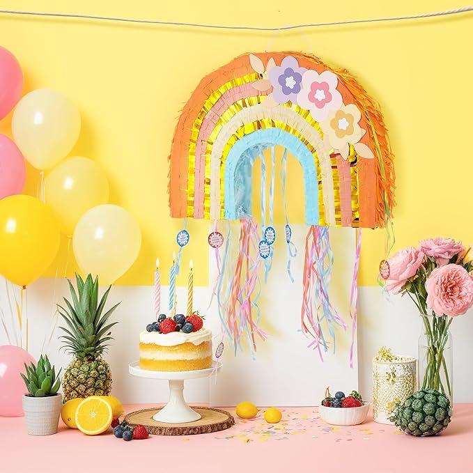 WERNNSAI Foldable Rainbow Pinata - Rainbow Pull String Pinata with Blindfold and Bat for Bundle Piñata Boho Theme Birthday Baby Shower Party Decoration Carnival Party Games Supplies 16.4" x 12.3"