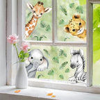 22.44 x 21.25 Inch Watercolor Jungle Animal Window Clings Tiger Lion Elephant Zebra Window Stickers Double-Side Safari Animal Window Stickers for Baby Nursery Playroom Bedroom Window Glass Wall Decor
