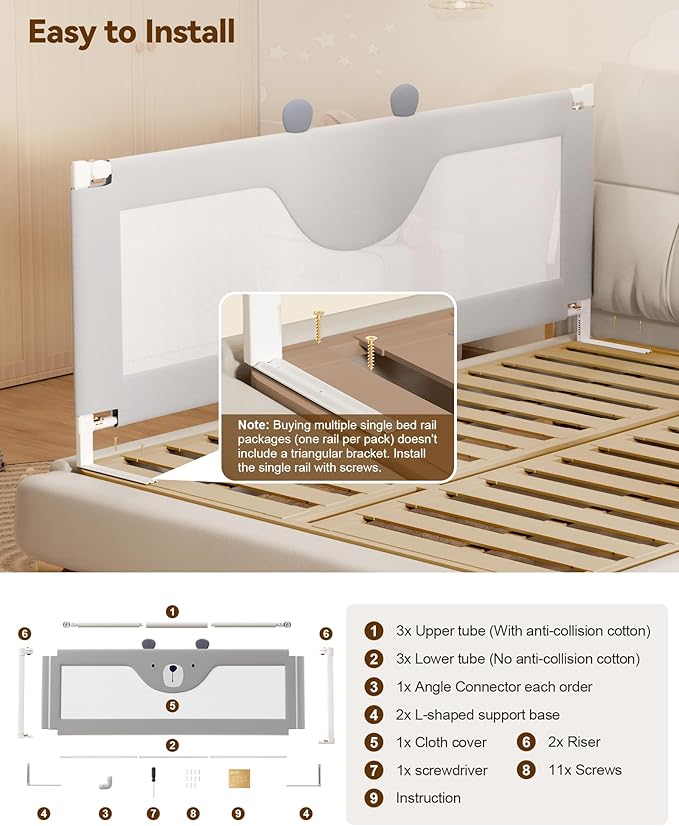 Baby Bed Rail Guard for Toddlers, Reinforced 74.8in Toddler Bed Rails for Twin, Full, King Bed with Height Adjustable, Extral Tall Child Safety Side Railing Guards/Bedrail for Kids, Grey Bear, 1 Side
