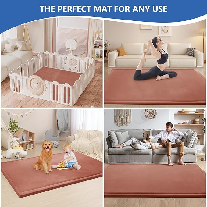 Baby Play Mat for Floor,1.3" Thick Memory foam Tummy Time Mat,Water Repellent Soft Coral Velvet Nursery Rug,Extra Large Non Slip for Crawling,Toddlers,Infants,kids,Tatami Style for Living Room(Brick)