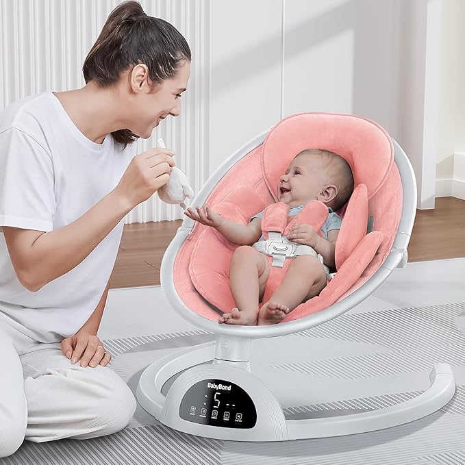 BabyBond Baby Swings for Infants, Bluetooth Infant Swing with Music Speaker, 3 Seat Positions, 5 Point Harness Belt, 5 Speeds and Remote Control - Portable Baby Swing for Indoor and Outdoor (Pink)