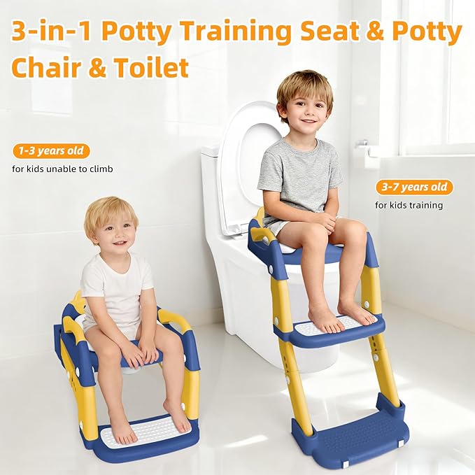 Potty Training Seat, Upgrade Toddler Toilet Seat for Kids Boys Girls, 3 in 1 Potty Training Toilet with Step Stool Ladder-Non Slip Foldable (Blue+Yellow)