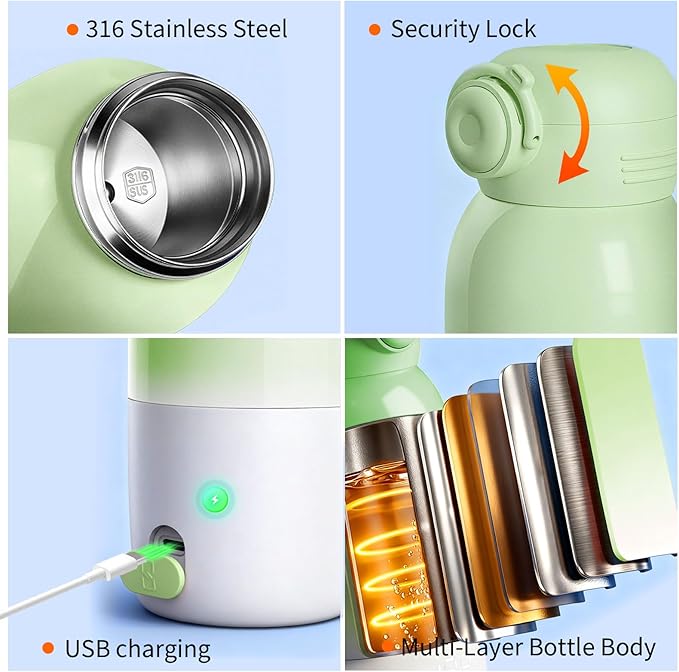 Portable Bottle Warmer, Large 12oz Capacity with Dual Heating Modes for Breast Milk & Water, Smart Temperature Control, Long Battery Life, Bottle Warmer for Outdoor, Airplane & Car Travel, Green