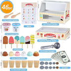 Wooden Ice Cream Toys Kids Play Store Pretend Toy for Toddlers, Play Kitchen Accessories with Scoop, Menu, Fake Money, Ice Cream Play Set Birthday Christmas Gifts for 3 4 5 6 Year Old Girls Boys