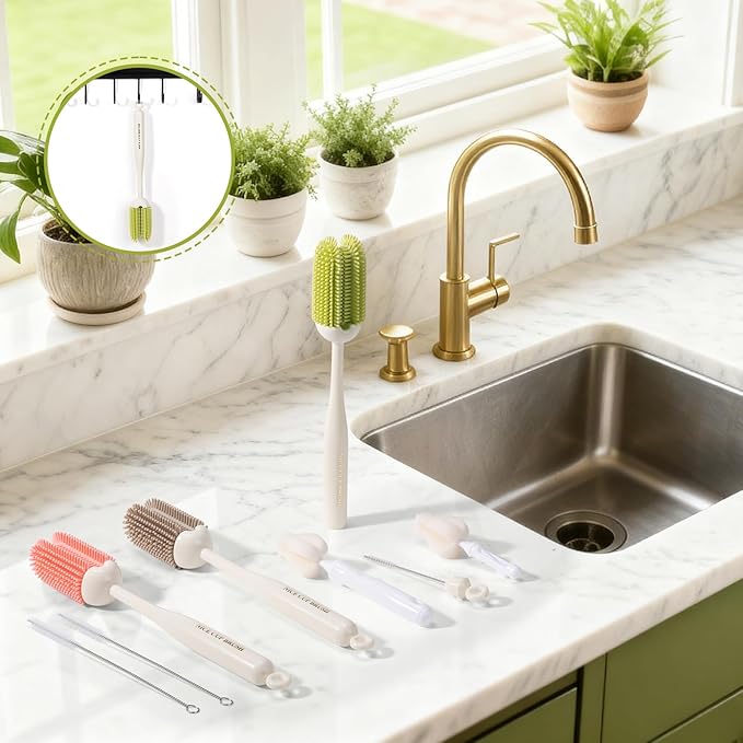 5-in-1 Baby Bottle Brush Kit, Silicone Bottle Brush for Baby Bottle and Breast Pumps, Sponge Nipple Brush with Replaceable Brush Head, Straw Brushes, Pink