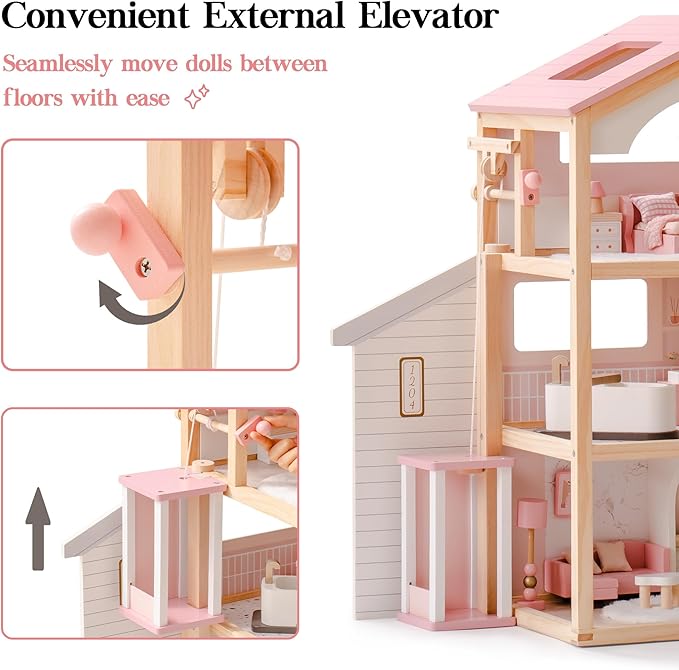 ROBOTIME Wooden Dollhouse, Doll House with 29 Pieces Furniture Set - Pool and Elevator, Wooden Doll House for 4, 5, 6-Inch Dolls, 6 Rooms Pink Dollhouse Gift for Kids Girls Ages 3+ (Pink)