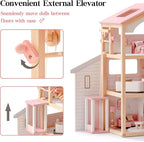 ROBOTIME Wooden Dollhouse, Doll House with 29 Pieces Furniture Set - Pool and Elevator, Wooden Doll House for 4, 5, 6-Inch Dolls, 6 Rooms Pink Dollhouse Gift for Kids Girls Ages 3+ (Pink)