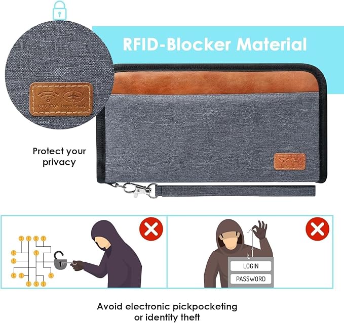 Real Leather Wallet RFID Family Passport Holder Waterproof Travel Essentials (Grey)